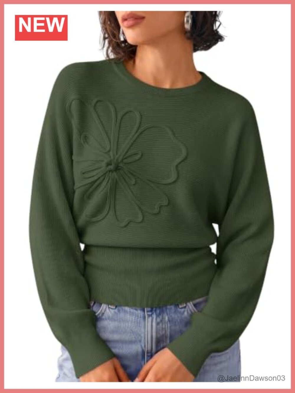 Womens Floral Ruched Long Sleeve Sweater Pullover Crew Neck